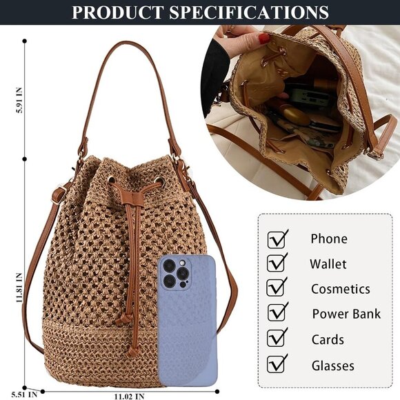 Straw Woven Crossbody Bag Small Vacation Handbag Girl's Beach Purse - Picture 4 of 7